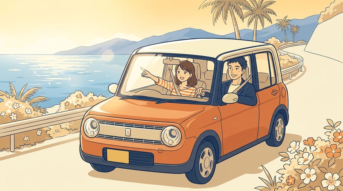 免許を取った大人2人が車で出かけるイラスト