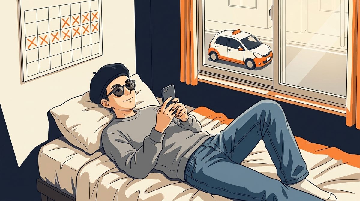 教習所の予約を入れずにスマホを見ている大学生のアキ